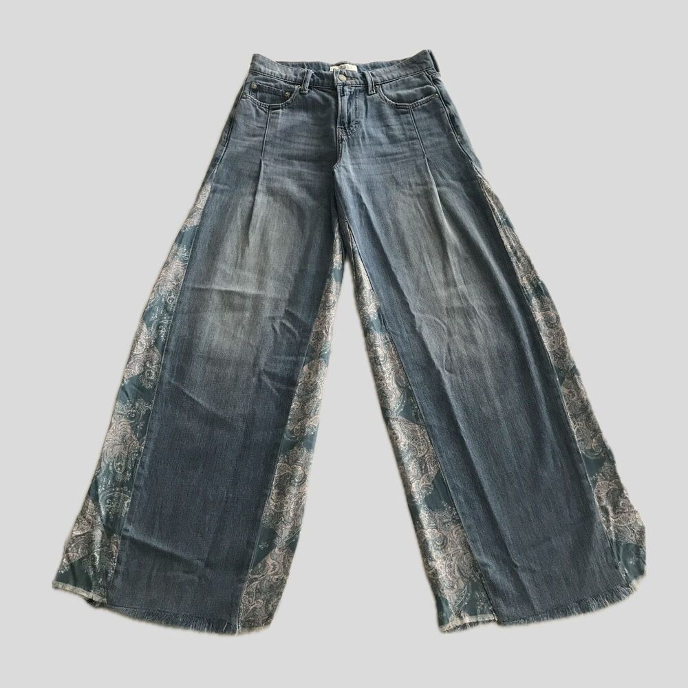 Lucky Brand Blue Wide Leg Jeans Low Rise Frayed Paisley Denim Women's 26 - Picture 2 of 9